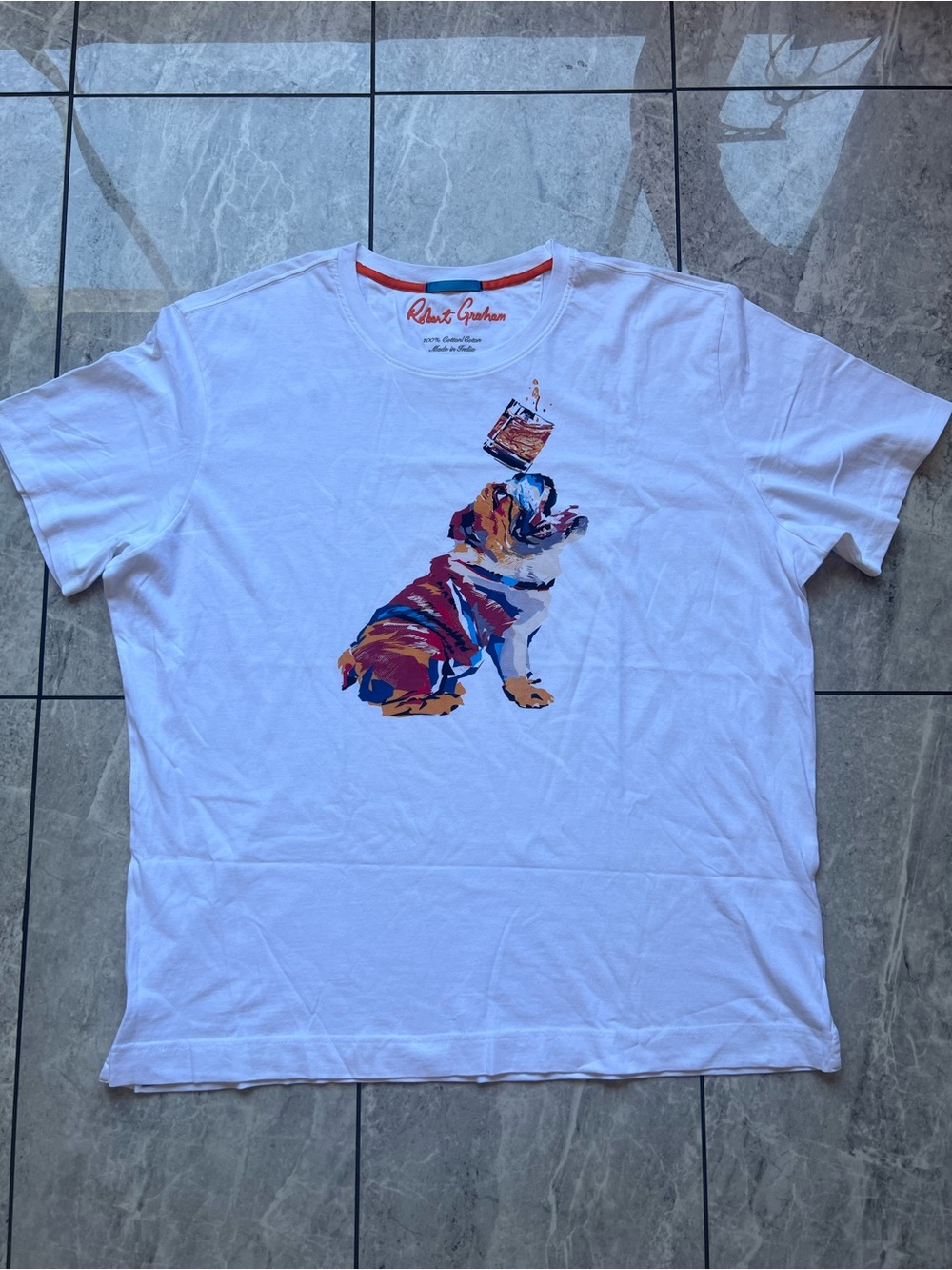 Robert Graham Mens Designer T-Shirt Bulldog + Whiskey Artwork White Cotton 2XL